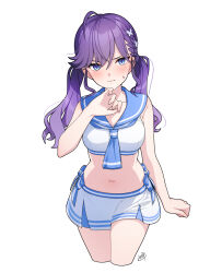 Rule 34 | 1girl, bikini, blue eyes, blue sailor collar, breasts, closed mouth, commentary request, gakuen idolmaster, highres, idolmaster, kaya rinha, long hair, looking at viewer, low twintails, medium breasts, midriff, mikapoe, navel, purple hair, sailor bikini, sailor collar, simple background, skirt, solo, swimsuit, thighs, twintails, white background, white skirt