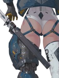 1girl absurdres ass ass_focus black_gloves blue_jacket commentary from_behind gloves highres jacket leotard mechanical_legs original revision simple_background single_mechanical_leg single_thighhigh solo sword thighhighs weapon white_background white_leotard white_thighhighs yunimaru