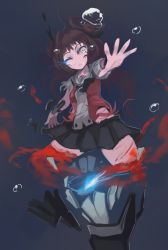 10s 1girl amputee arceonn blood brown_hair bubble cuts double_bun guro highres injury kantai_collection legless light_cruiser_oni naka_(kancolle) outstretched_arm pain short_hair sinking skirt solo_focus torn_clothes underwater