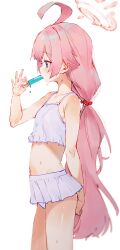 1girl absurdres ahoge beads bikini bikini_skirt blue_archive bongnom breasts commentary_request eating food frilled_bikini frills hair_beads hair_ornament halo highres holding holding_food holding_popsicle hoshino_(blue_archive) hoshino_(swimsuit)_(blue_archive) long_hair looking_ahead navel official_alternate_costume partial_commentary pink_hair popsicle simple_background small_breasts solo sweat swimsuit twintails very_long_hair white_background white_bikini