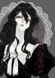 1girl black_hair bow collarbone curly_hair goth_fashion highres juliet_sleeves lace_trim lips long_hair long_neck long_sleeves lying messy_hair neck on_back original puffy_sleeves red_eyes simple_background solo toduring upper_body white_bow