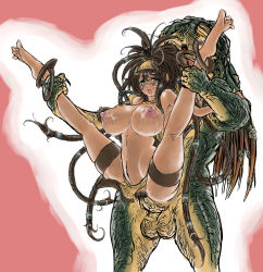 1boy 1girl alien anklet bad_feet barefoot bikini braid breasts brown_hair covered_erect_nipples curvy dark_skin dreadlocks female_pubic_hair green_eyes held_up hetero highres huge_breasts interracial jewelry lactation large_breasts leg_grab lifting_person long_hair monster nameo_(judgemasterkou) nipples open_mouth penis predator_(1987) predator_(character) predator_(series) pubic_hair sex spread_legs swimsuit tribal uncensored vaginal what wide_hips
