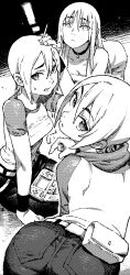 1girl another_code ashley_mizuki_robbins ass denim greyscale hair_between_eyes highres hotel_dusk ireading jeans long_sidelocks looking_back mila_evans monochrome multiple_views pants sidelocks