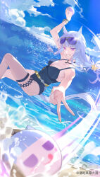 1girl absurdres animal_ears arm_up ball beachball belt black_one-piece_swimsuit blue_sky blunt_bangs bracelet breasts casual_one-piece_swimsuit cleavage cloud collarbone day eyewear_on_head feet_out_of_frame gold_ship_(run_revolt_launcher)_(umamusume) gold_ship_(umamusume) grin highres horse_ears horse_girl horse_tail jewelry looking_at_viewer medium_breasts ocean official_alternate_costume one-piece_swimsuit outdoors purple-tinted_eyewear purple_eyes qing_chi_caomei_dafu sky smile solo star_(symbol) sunglasses swimsuit tail thigh_strap tinted_eyewear umamusume v water white_hair yellow-framed_eyewear yellow_nails