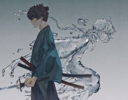 1boy buyaozaoqi command_spell fate/samurai_remnant fate_(series) grey_background highres holding holding_sword holding_weapon japanese_clothes katana kimono miyamoto_iori_(fate) profile sheath sword water weapon wide_sleeves yamato_takeru_(fate)