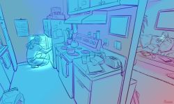 2boys apartment backlighting blue_theme calendar contemporary gyro_zeppeli isometric johnny_joestar jojo_no_kimyou_na_bouken kitchen male_focus marion-ville multiple_boys oven perspective picture_frame ponytail pot refrigerator steel_ball_run stove teapot toaster