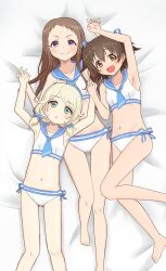 Rule 34 | 3girls, akagi miria, armpits, barefoot, bikini, blonde hair, blush, breasts, brown eyes, brown hair, e sen a1000, foot out of frame, green eyes, highres, idolmaster, idolmaster cinderella girls, koseki reina, long hair, looking at viewer, lying, multiple girls, navel, on back, open mouth, purple eyes, short hair, small breasts, swimsuit, tempest kids (idolmaster), white bikini, yusa kozue