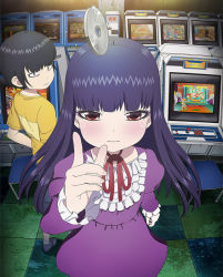 10s 1girl aiming aiming_at_viewer arcade artist_request black_hair capcom chair coin controller damaged dhalsim dirty dress final_fight golden_axe gradius guy_(final_fight) high_score_girl hime_cut joystick key_visual king_of_the_monsters konami long_hair looking_at_viewer makaimura mike_haggar money multiple_boys namco neo_geo official_art official_style oono_akira promotional_art push-button rick_(splatterhouse) sega snk splatterhouse street_fighter street_fighter_ii_(series) tossing video_game yaguchi_haruo yen yen_sign zangief