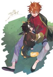 2boys absurdres aged_down brown_hair brown_robe closed_eyes dragon_boy dragon_tail earrings genshin_impact happy highres jewelry male_focus multiple_boys red_shirt robe rock shirt signature sitting tail tartaglia_(genshin_impact) zhongli_(genshin_impact) zoo_min