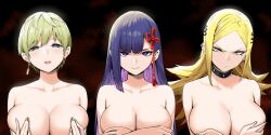 Rule 34 | 3girls, blonde hair, breasts, choker, collarbone, covering breasts, covering privates, earrings, female focus, green hair, highres, izumo tenka, jewelry, kamiunten mira, large breasts, long hair, mato seihei no slave, multiple girls, nude, purple eyes, purple hair, shiny skin, short hair, sky-freedom, smile, upper body, yamashiro ren, yellow eyes