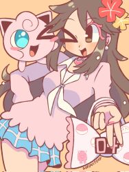 &gt;_o 1girl blue_eyes blue_skirt blush breasts brown_eyes brown_hair character_request copyright_request flower gen_1_pokemon hair_flower hair_ornament highres jigglypuff long_hair long_sleeves medium_breasts neckerchief nintendo one_eye_closed open_mouth pink_nails pleated_skirt pokemon pokemon_(creature) skirt smile sofo_soup solo v white_neckerchief
