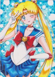 Rule 34 | 1girl, absurdres, bishoujo senshi sailor moon, blonde hair, blue eyes, blue sailor collar, blue skirt, bow, choker, crescent, crescent choker, double bun, earrings, elbow gloves, gloves, hair bun, hair ornament, heart, highres, jewelry, long hair, magical girl, one eye closed, pleated skirt, red bow, red choker, sailor collar, sailor moon, sailor senshi uniform, shirt, skirt, solo, traditional media, transformation brooch (sailor moon), tsukino usagi, twintails, user kztc4472, v, white gloves, white shirt
