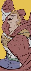 Rule 34 | 1boy, absurdres, arm up, blonde hair, blue eyes, boku no hero academia, cape, clenched hands, commentary, cowboy shot, from side, gloves, highres, kogorooz, male focus, multicolored clothes, open mouth, red cape, red gloves, simple background, solo, superhero costume, teeth, togata mirio, upper teeth only, yellow background