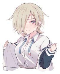 Rule 34 | 1girl, blonde hair, blue eyes, blue ribbon, closed mouth, collared shirt, cropped torso, ear piercing, hair over one eye, highres, jacket, long sleeves, looking at viewer, loose neck ribbon, love live!, love live! nijigasaki high school idol club, mia taylor, neck ribbon, nijigasaki school uniform, notyu maru, one eye covered, open clothes, open jacket, piercing, purple eyes, ribbon, school uniform, shirt, short hair, smile, solo, upper body, white background, white shirt, winter uniform