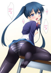 10s 1girl ass bad_feet black_pantyhose blue_eyes blue_hair blush bow breasts clothed_masturbation clothes_lift covered_erect_nipples crotch_rub desk dutch_angle feet gradient_background gusset hard-translated kin-iro_mosaic komichi_aya long_hair masturbation narutaki_shin nipples no_shoes open_clothes open_mouth panties panties_under_pantyhose pantyhose petite pussy_juice school_uniform shirt_lift skirt skirt_lift small_breasts soles striped_clothes striped_panties table_humping third-party_edit toes tongue tongue_out translated twintails underwear
