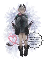1girl :d ^_^ arknights black_gloves closed_eyes dark-skinned_female dark_skin double_v earrings electric_plug electric_plug_tail extra_arms facing_viewer full_body gloves grey_hair grin heart heart_tail highres jewelry long_sleeves open_mouth own_hands_together palms_together pink_gloves raidian_(arknights) short_hair smile solo standing tail touno_(akarino) v watermark watermark_grid