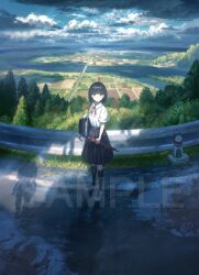 1girl bag black_hair black_socks cloud collared_shirt commentary_request day from_above grass highres holding holding_bag holding_umbrella landscape looking_at_viewer nature neckerchief original outdoors pleated_skirt railing red_neckerchief road sample_watermark scenery school_bag school_uniform shadow shirt shirt_tucked_in short_hair short_sleeves shuu_illust skirt sky socks solo statue tree umbrella water watermark white_shirt wide_shot yellow_eyes