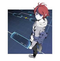 1boy black_hair black_pants blue_eyes border clenched_hand closed_mouth commentary_request gameplay_mechanics grey_hood hair_behind_ear highres hood hood_down hooded_jacket jacket long_sleeves looking_at_viewer male_focus moi_(arararcrc) multicolored_hair pants parted_bangs red_hair shirt shoes sneakers solo standing streaked_hair sumino_takumi the_hundred_line_-last_defense_academy- white_border white_shirt white_shoes