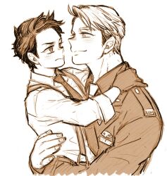 2boys aged_down animification avengers_(series) carrying carrying_person child closed_mouth collared_shirt commentary_request dishing fingernails gloves highres jacket korean_commentary lapels long_sleeves looking_at_another male_focus marvel marvel_cinematic_universe military_jacket military_uniform monochrome multiple_boys necktie pants shirt short_hair simple_background smile standing steve_rogers suspenders tony_stark upper_body v-shaped_eyebrows
