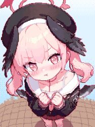 1girl :t angry beret blue_archive blush body_markings chobiii7 clenched_hands from_above furrowed_brow halo hat head_wings koharu_(blue_archive) long_sleeves looking_at_viewer low_twintails low_wings multiple_wings neckerchief pink_eyes pink_hair pink_halo pink_neckerchief pink_skirt pixel_art rns sailor_collar school_uniform serafuku skirt solo standing twintails white_sailor_collar wings