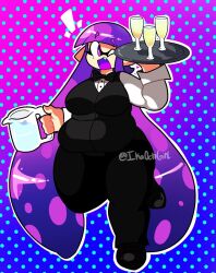 1girl breasts cocktail cocktail_glass cup drinking_glass fat fat_woman ikaoctogirl inkling inkling_girl inkling_player_character large_breasts pants pitcher_(container) purple_eyes purple_hair solo waiter water