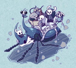 1girl 1other 4boys antennae arthropod_boy arthropod_girl backpack bag black_eyes bug cape cornifer elderbug fuifui glasses grey_cape holding holding_map hollow_knight horned_mask horns iselda knight_(hollow_knight) map mask multiple_boys nail_(hollow_knight) quirrel riding sitting sly_(hollow_knight) the_last_stag