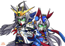 Rule 34 | absurdres, ahoge, animal ears, blue eyes, crossbone gundam, crossbone gundam x-3, feathers, green eyes, grey hair, gundam, gundam wing, gundam wing: endless waltz, hair between eyes, hairband, hashtag-only commentary, highres, horse ears, horse girl, horse tail, long hair, looking at viewer, mayohi neko, mecha, mecha focus, mechanical wings, mechanization, mobile suit, multicolored hair, oguri cap (umamusume), robot, science fiction, sd gundam, signature, simple background, skull and crossbones, tail, tamamo cross (umamusume), umamusume, v-fin, very long hair, weapon, white background, wing gundam zero custom, wings
