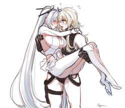 1girl 2girls armpit_cutout arms_around_neck bare_shoulders black_gloves blonde_hair blue_eyes blush bodysuit breasts buckle carrying carrying_person chocore cinderella_(nikke) cleavage cleavage_cutout closed_eyes clothing_cutout cropped_shirt dress gloves goddess_of_victory:_nikke grave_(nikke) hair_over_one_eye highres large_breasts leg_cutout long_hair metal_gloves micro_shorts midriff multiple_girls multiple_scars navel navel_cutout one_eye_covered princess_carry scar see-through_bodysuit see-through_clothes see-through_dress see-through_skirt shorts sidelocks skirt snap-fit_buckle stomach_cutout twintails very_long_hair white_bodysuit white_hair