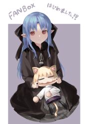 2girls =_= absurdres animal_ears black_dress blonde_hair blue_hair cat_ears cat_girl cat_tail chiizu_ore commentary_request dress finger_in_another&#039;s_mouth hair_ribbon highres len_(tsukihime) long_dress melty_blood mouth_pull multiple_girls neco-arc pointy_ears purple_skirt red_eyes ribbon sitting skirt smile tail translation_request tsukihime turtleneck