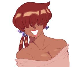 1girl 1shermieaday breasts curvy dark-skinned_female dark_skin earrings female_focus heart huge_breasts jewelry large_breasts long_hair marellartt ponytail red_hair shermie_(kof) smile smiley_face tan the_king_of_fighters twintails