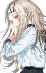 1girl absurdres black_skirt blonde_hair colored_eyelashes commentary gakuen_idolmaster hanozuku highres idolmaster long_hair long_sleeves looking_ahead multiple_girls orange_eyes pleated_skirt school_uniform serafuku shinosawa_hiro shirt simple_background skirt solo upper_body white_background white_shirt