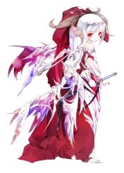 1girl bare_shoulders copyright_request expressionless fantasy feathers flat_chest full_body gloves highres horns original red_eyes sheath sheathed skeletal_wings solo sumi_keiichi sword weapon white_hair wings