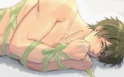 Rule 34 | 1boy, bdsm, blush, bondage, bound, commentary, english commentary, free!, green eyes, green hair, green ribbon, hair between eyes, highres, lluviaarts, looking at viewer, lying, male focus, meme, nude, on side, parted lips, photo-referenced, ribbon, shadow, short hair, solo, tachibana makoto, teeth, upper body, white background, wintam ribbon bondage (meme)