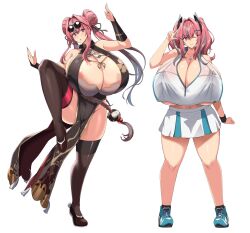 1girl areola_slip azur_lane black_thighhighs bra breasts bremerton_(azur_lane) bremerton_(kung_fu_cruiser)_(azur_lane) bremerton_(scorching-hot_training)_(azur_lane) bridal_gauntlets chinese_clothes cleavage covered_erect_nipples curvy double_bun full_body gigantic_breasts grey_hair hair_bun hair_intakes hair_ornament hair_over_shoulder hair_ribbon hairclip highres kloah large_areolae leg_up long_hair looking_at_viewer medium_hair midriff multicolored_hair multiple_views navel_piercing necktie official_alternate_costume one_eye_closed pelvic_curtain piercing pink_eyes pink_hair revealing_clothes ribbon shiny_clothes shiny_skin shoes sidelocks skirt sleeveless sportswear standing streaked_hair sunglasses tennis_uniform thick_thighs thighhighs thighs twintails two-tone_hair underboob underwear v white_background wide_hips wink