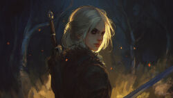 1girl armor art_of_papayou bare_tree ciri highres looking_back outdoors signature smoke solo sword sword_on_back the_witcher_(series) the_witcher_4 tree upper_body weapon weapon_on_back white_hair
