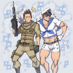 Rule 34 | 2boys, bara, belt, black belt, boots, brown pants, chris redfield, closed mouth, english text, gloves, green shirt, hat, highres, kalamari, large pectorals, looking at another, male focus, multiple boys, muscular, muscular male, official alternate costume, pants, pectorals, piers nivans, resident evil, resident evil: revelations, resident evil 6, sailor collar, sailor hat, sailor shirt, scarf, shirt, shorts, smile, smoking pipe, sunglasses, white gloves, white shorts
