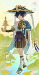 1boy aqua_kimono aqua_sleeves arm_at_side armor bell belt bird black_belt black_bodysuit black_bow black_bridal_gauntlets black_hair black_leggings black_sandals black_shorts blue_cape blue_gemstone blue_hat blunt_ends bodysuit bow bridal_gauntlets bright_pupils cape clenched_hand closed_mouth covered_collarbone eyeliner eyeshadow feathers flower full_body furisode gem genshin_impact gold gold_ring hakama hakama_shorts hand_up hat highres japanese_armor japanese_clothes jingasa juban kimono kote kurokote layered_sleeves leg_warmers leggings lily_(flower) lily_pad looking_at_viewer makeup male_focus middle_ring nonoji_(nonoji_ekaki) open_clothes open_hand open_kimono outdoors pleated_shorts pom_pom_(clothes) purple_eyes purple_rope purple_sash red_eyeliner red_eyeshadow rope sandals sash scaramouche_(genshin_impact) short_sleeves shorts shoulder_peek sky solo stirrup_legwear tassel toeless_legwear toes tsurime tulaytullah&#039;s_remembrance_(genshin_impact) vision_(genshin_impact) walking walking_on_liquid wanderer_(genshin_impact) white_kimono white_leg_warmers white_pupils white_sleeves wispy_bangs yellow_feathers yellow_sky zouri