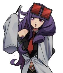 1girl :o blunt_bangs brushing_hair coat comb echizen_(n_fns17) eyewear_on_head highres holding holding_comb long_hair long_sleeves looking_at_viewer navel necktie nintendo open_mouth pink_eyes pokemon pokemon_masters_ex purple_lips rachel_(pokemon) red_necktie sleeves_past_fingers sleeves_past_wrists solo sunglasses upper_body white_background white_coat wide_sleeves