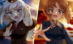 Rule 34 | :d, absurdres, arm at side, blue eyes, blue jacket, blue sky, blush, bob cut, breast pocket, breasts, bright pupils, brown eyes, cloud, cloudy sky, commentary, embarrassed, floating hair, fourth wall, garrison cap, girls und panzer, green shirt, hand up, hands up, hat, highres, itsumi erika, jacket, kokota, kuromorimine military uniform, long hair, loose hair strand, medium breasts, messy hair, military uniform, multiple views, nishizumi miho, ooarai military uniform, open mouth, orange sky, pocket, red shirt, shirt, short hair, sky, smile, sunset, sweat, v-shaped eyebrows, white hair, white pupils, wind