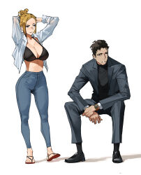1boy 1girl absurdres arms_behind_head black_bra black_eyes black_hair black_jacket black_pants black_shirt black_shoes black_socks black_suit blonde_hair blue_eyes blue_pants bra breasts cleavage clenched_teeth closed_mouth denim dress_pants dress_shoes facial_hair feet formal_clothes highres invisible_chair jacket jeans large_breasts long_sleeves looking_to_the_side open_clothes open_jacket open_shirt original pants sandals shadow shirt shoes short_hair simple_background sitting socks standing standing_on_one_leg suit suit_jacket tbocart teeth toes underwear watch white_background white_shirt wristwatch