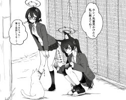 2girls absurdres animal_ears ayane_(blue_archive) bike_shorts_under_skirt blazer blue_archive cardigan cat cat_ears commentary_request gloves greyscale halo highres jacket long_hair long_sleeves miniskirt monochrome multiple_girls outdoors plaid_clothes plaid_skirt school_uniform serika_(blue_archive) shoes short_hair skirt sneakers socks speech_bubble squatting suecovsky thought_bubble translated