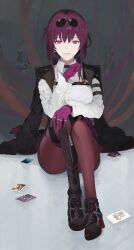 1girl armband asymmetrical_footwear black_armband boots brown_pantyhose card chest_harness collared_shirt eyewear_on_head full_body glasses gloves hand_on_own_knee hand_rest harness honkai:_star_rail honkai_(series) jacket jacket_on_shoulders kafka_(honkai:_star_rail) knees_up light_smile liro long_hair long_sleeves looking_at_viewer pantyhose pantyhose_under_shorts pince-nez purple_eyes purple_gloves purple_hair round_eyewear shirt shoes shorts single_thigh_boot sitting solo straight-on sunglasses thigh_boots white_shirt wing_collar