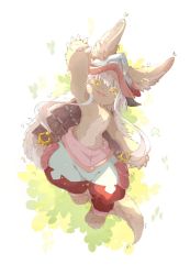 1other :3 androgynous animal_ears arm_up brown_fur ears_through_headwear full_body furry helmet highres horns leaf leaf_background looking_at_viewer made_in_abyss multicolored_pants nanachi_(made_in_abyss) open_mouth other_focus ouo_1123 pants puffy_pants short_hair_with_long_locks simple_background solo tail topless_other whiskers white_background white_hair yellow_eyes