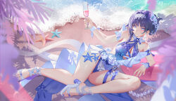 1girl absurdres bandaid bare_shoulders blue_pupils braid breasts casual_one-piece_swimsuit chinese_commentary closed_mouth comet-c commentary_request criss-cross_halter cross cup drinking_glass earrings feet fingernails hair_intakes hair_ornament hairband halterneck high_heel_sandals highres holding holding_cup honkai_(series) honkai_impact_3rd jewelry large_breasts light_blush looking_at_viewer lying nail_polish official_alternate_costume on_side one-piece_swimsuit purple_eyes purple_hair purple_nails purple_one-piece_swimsuit raiden_mei raiden_mei_(crooning_tides) raiden_mei_(herrscher_of_origin) sandals shore short_hair smile solo starfish swim_ring swimsuit thighs toenail_polish toenails toes white_hairband white_sandals