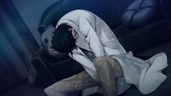1boy black_hair brown_pants coat couch dutch_angle exhausted facing_down future_gadget_lab game_cg highres huke lab_coat lapels long_sleeves male_focus messy_hair night non-web_source notched_lapels official_art okabe_rintarou on_floor pants shirt sitting solo steins;gate steins;gate:_linear_bounded_phenogram t-shirt upa_(steins;gate) white_coat white_shirt wooden_floor