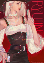 Rule 34 | 1girl, absurdres, artist name, belt, black belt, black hat, black pants, black tank top, character name, collarbone, commentary, cowboy hat, cropped shirt, earrings, finger gun, flamma (immortalemignis), grey hair, gun, hair behind ear, handgun, hat, highres, holding, holding gun, holding weapon, holstered, itzy, jewelry, k-pop, layered clothes, off-shoulder shirt, off shoulder, pants, parted lips, real life, realistic, red background, ryujin (itzy), shirt, solo, symbol-only commentary, tank top, weapon, white shirt