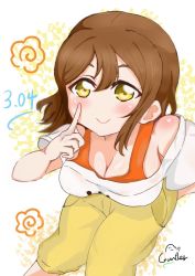 Rule 34 | 1girl, artist name, artist request, bare shoulders, blush, breasts, brown eyes, brown hair, cleavage, collarbone, eyebrows, female focus, guntherzuramaru, highres, kunikida hanamaru, light brown hair, long hair, looking at viewer, love live!, love live! school idol festival, love live! sunshine!!, matching hair/eyes, medium breasts, medium hair, off-shoulder shirt, off shoulder, pants, paw print, print shirt, shirt, smile, solo, sweatpants, under shirt, white shirt, yellow eyes, yellow pants