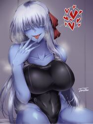 1girl black_one-piece_swimsuit blue_eyes blue_skin breasts collarbone colored_skin competition_swimsuit covered_navel fate/grand_order fate_(series) groin hair_ribbon highleg highleg_one-piece_swimsuit highres kali_(fate) large_breasts long_hair one-piece_swimsuit red_ribbon ribbon smile swimsuit tgxx3300 thighs third_eye tongue tongue_out white_hair