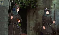 2girls animal_ears belt black_hair brown_hair carrot castle cowboy_shot eishin_flash_(umamusume) food highres holding holding_food holding_polearm holding_weapon horse_ears horse_girl long_sleeves medieval monty_python monty_python_and_the_holy_grail multiple_girls outdoors parody polearm scene_reference screenshot_background spear standing tosen_jordan_(umamusume) umamusume voodoothur weapon