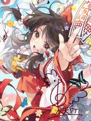 Rule 34 | 1girl, :d, ascot, between fingers, black hair, blue flower, bow, bug, butterfly, chest sarashi, collared shirt, commentary request, detached sleeves, flower, frilled bow, frilled hair tubes, frilled shirt collar, frills, hair tubes, hakurei reimu, holding, holding ofuda, insect, long hair, long sleeves, looking at viewer, ofuda, open mouth, outstretched arms, pink flower, red eyes, red shirt, red skirt, reimu day, ribbon-trimmed sleeves, ribbon trim, sarashi, shirt, signature, skirt, smile, solo, teeth, touhou, toutenkou, twitter username, upper teeth only, watermark, white flower, white sleeves, wide sleeves, yellow ascot